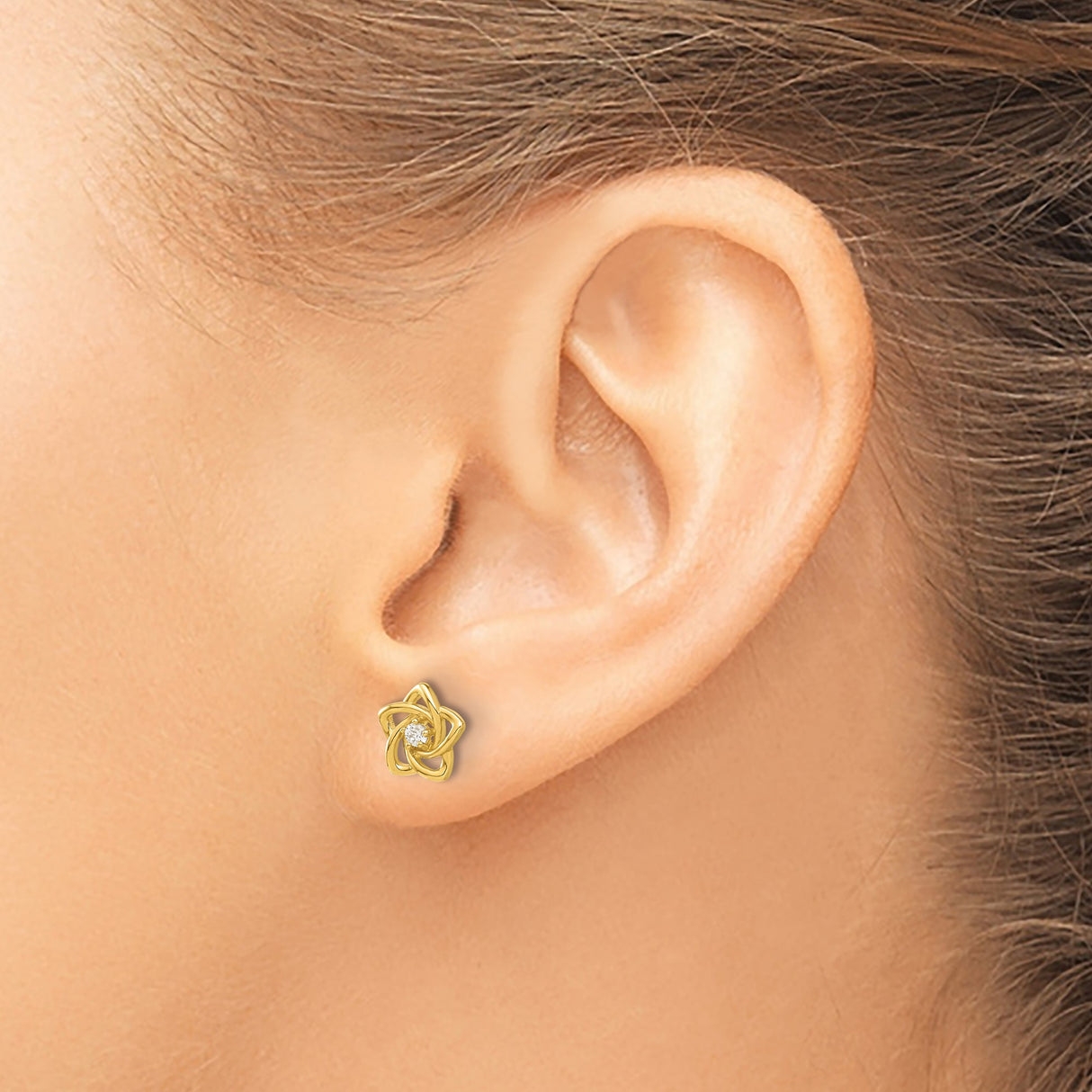 14k Yellow Gold Stud Earrings with Cubic Zirconia, Open Petal Floral Design