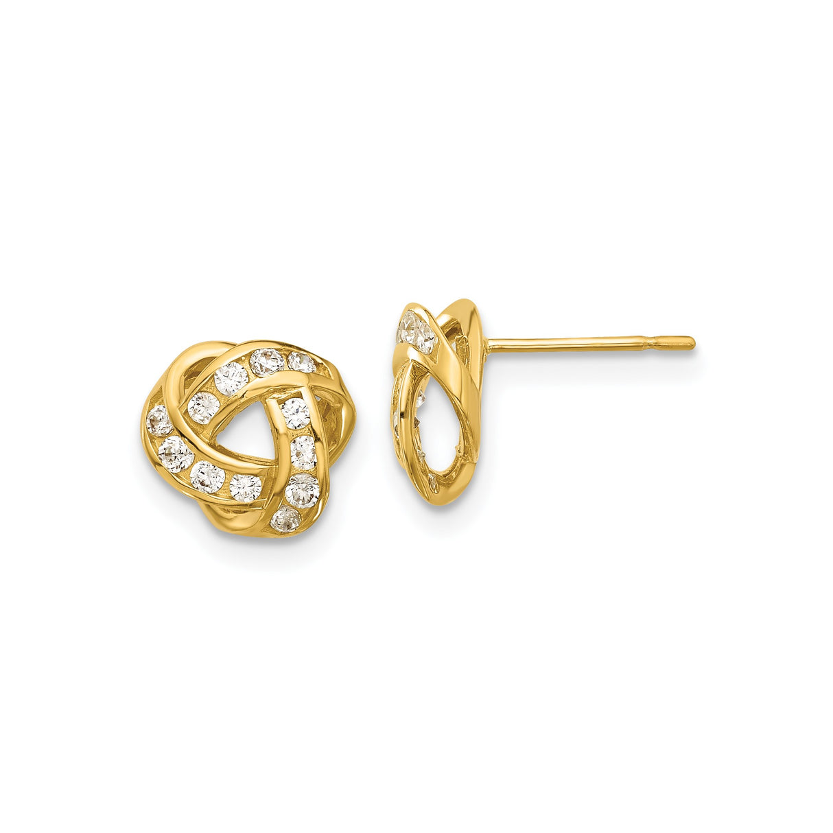 14k Yellow Gold Knot Stud Earrings with Cubic Zirconia, Infinity Intertwined Loop Design