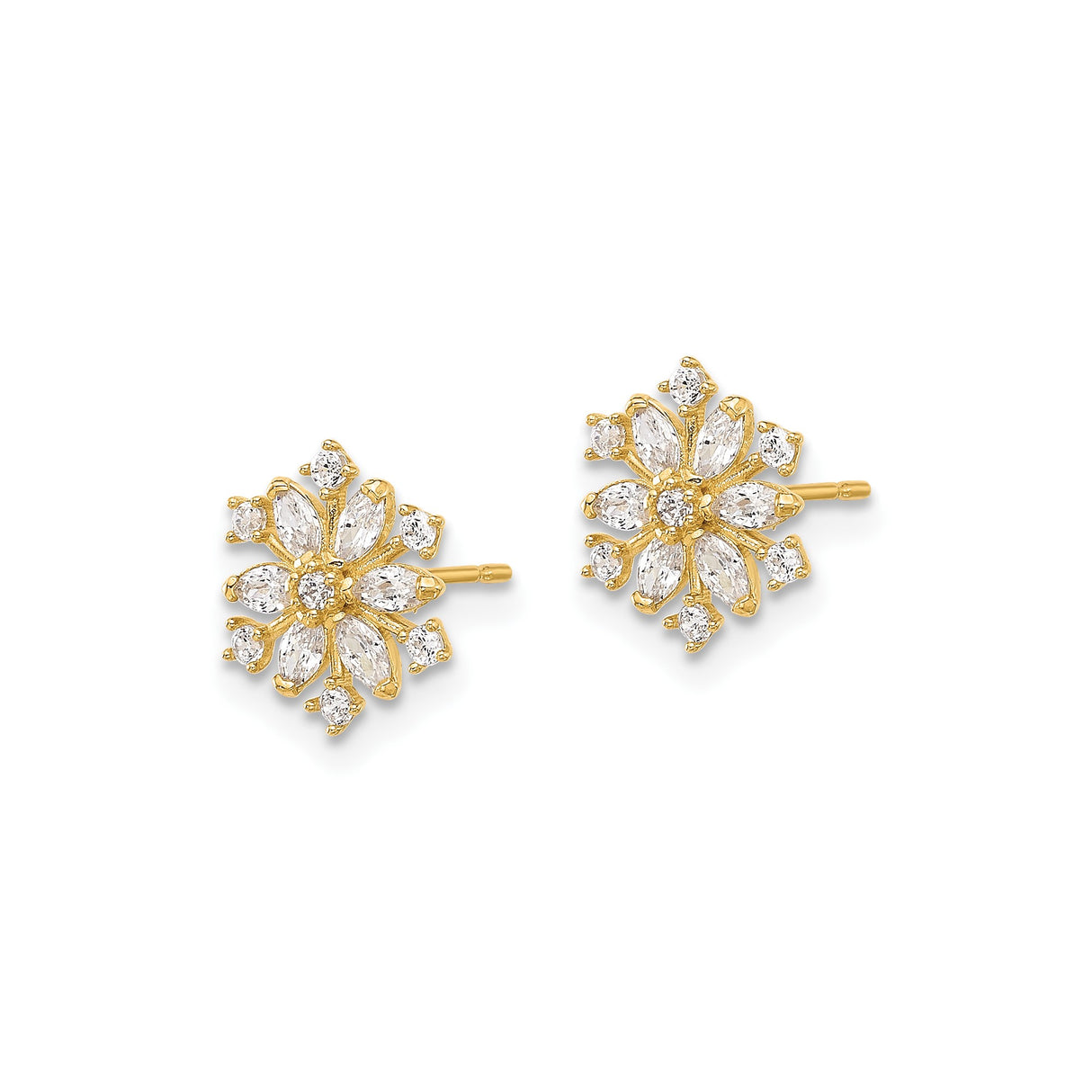 14k Yellow Gold Stud Earrings with Cubic Zirconia, Starburst Floral Design for Women