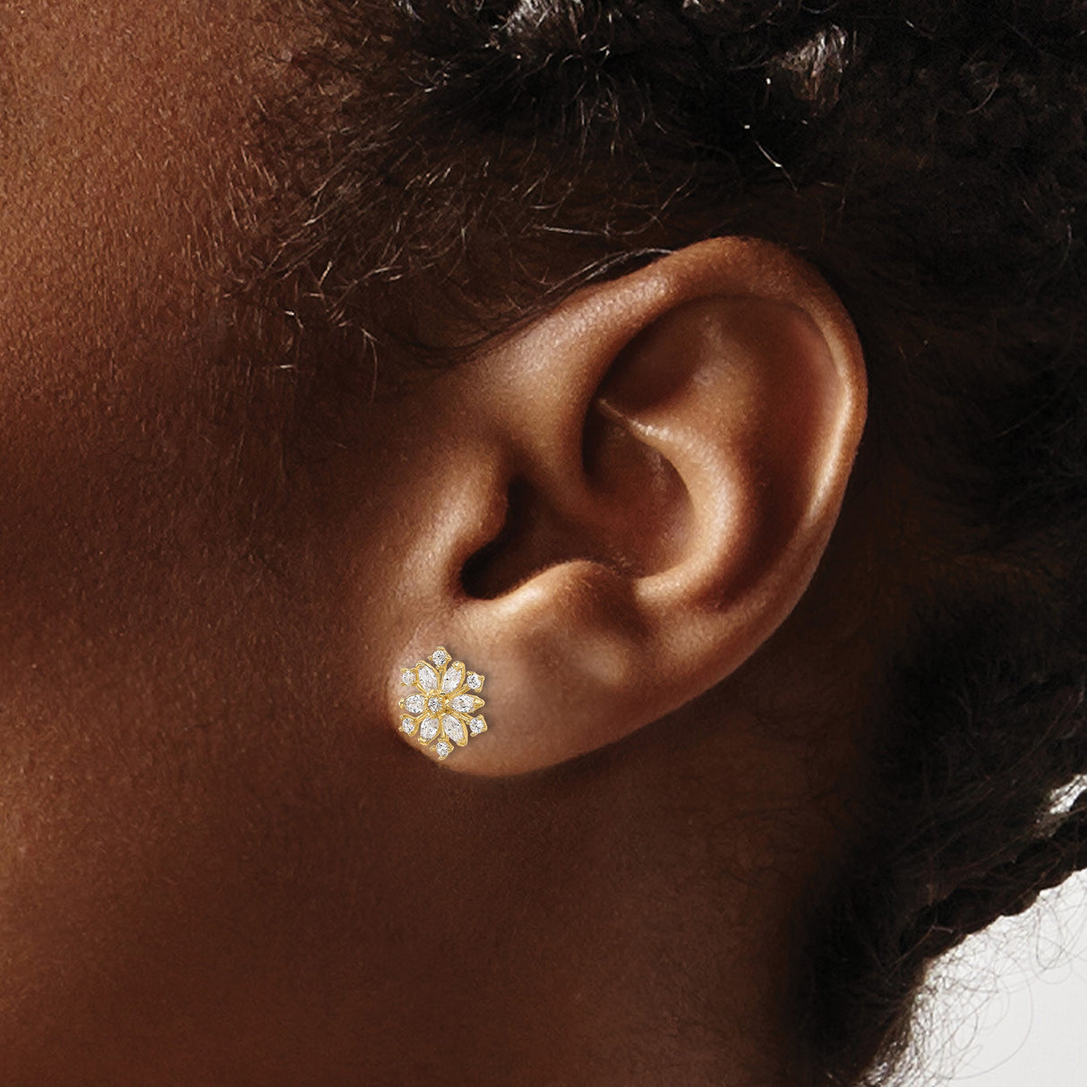 14k Yellow Gold Stud Earrings with Cubic Zirconia, Starburst Floral Design for Women