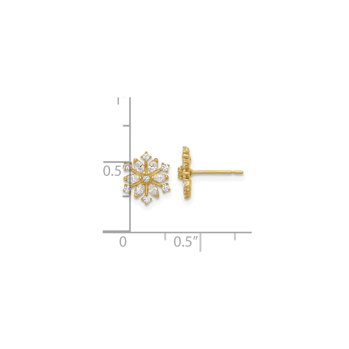 14k Yellow Gold Stud Earrings with Cubic Zirconia, Starburst Floral Design for Women