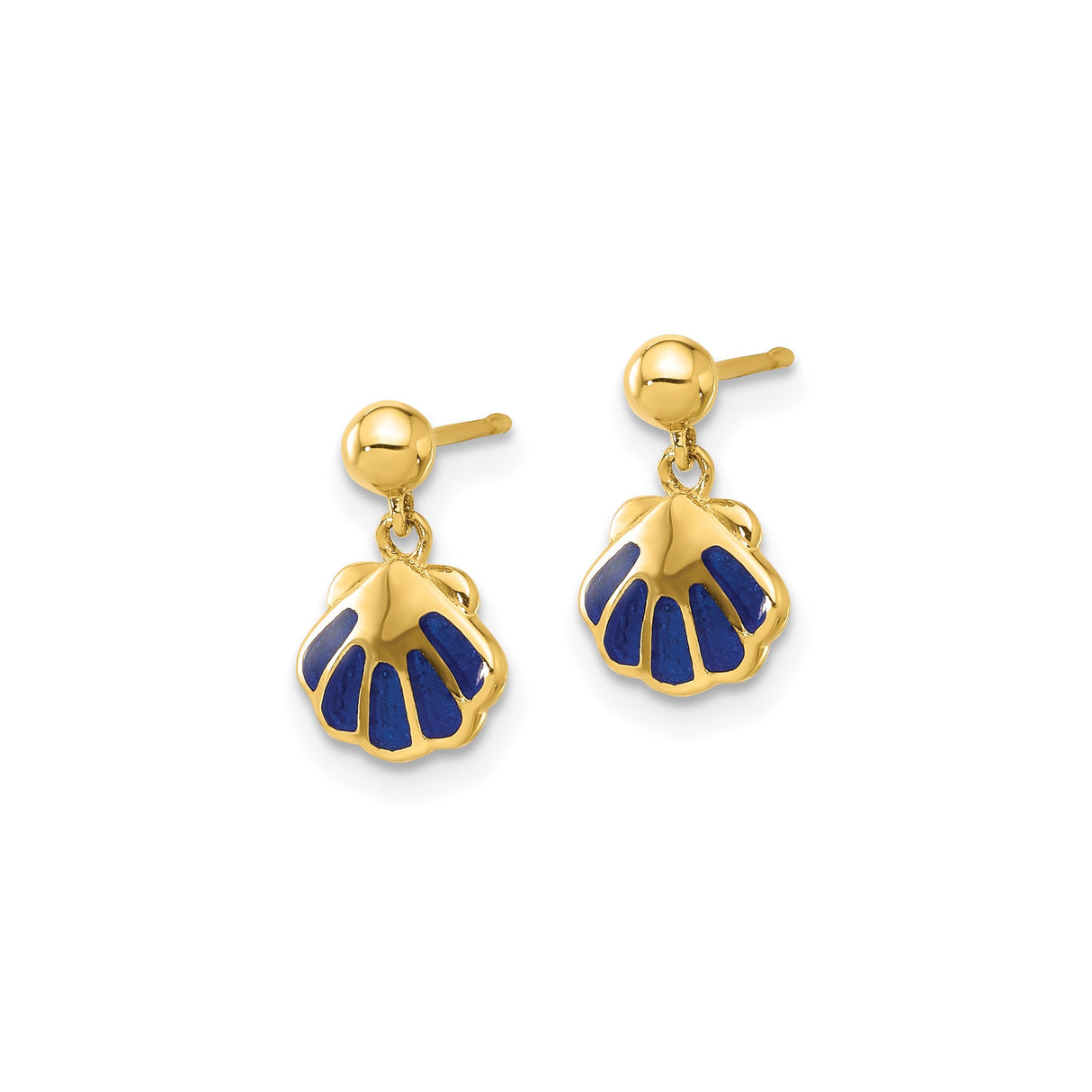 14k Yellow Gold Dangle Stud Earrings with Blue Enamel Scallop Shell Charms, Camino de Santiago Style