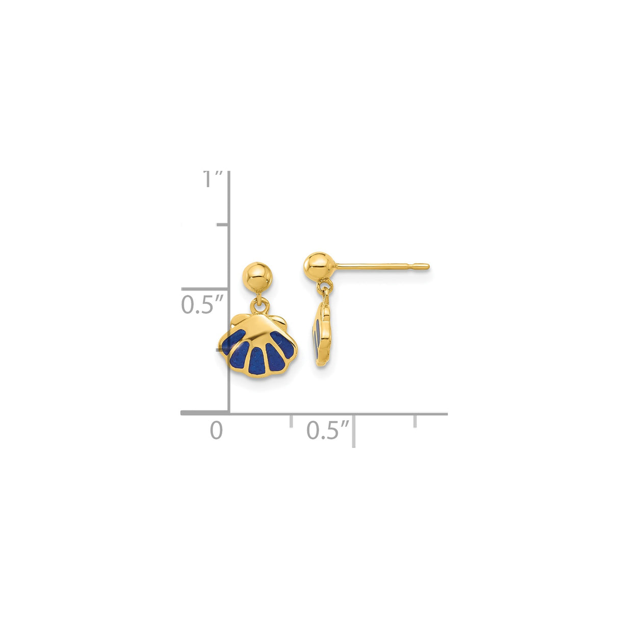 14k Yellow Gold Dangle Stud Earrings with Blue Enamel Scallop Shell Charms, Camino de Santiago Style