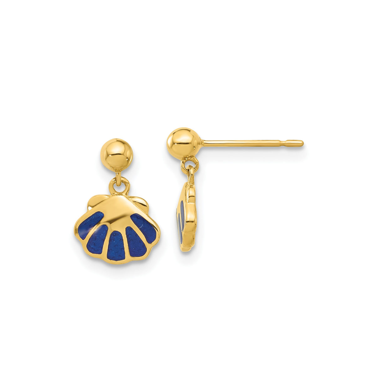 14k Yellow Gold Dangle Stud Earrings with Blue Enamel Scallop Shell Charms, Camino de Santiago Style