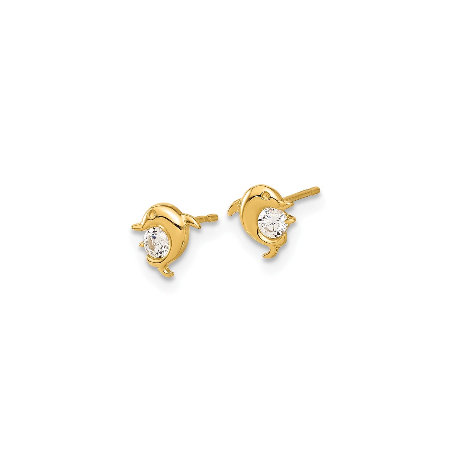14k Yellow Gold Dolphin Stud Earrings with Cubic Zirconia Center, Ocean Animal Theme