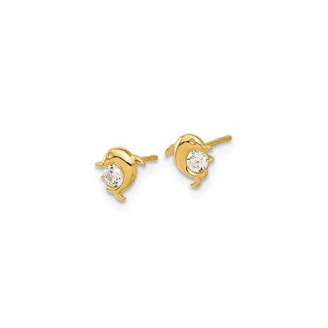 14k Yellow Gold Dolphin Stud Earrings with Cubic Zirconia Center, Ocean Animal Theme