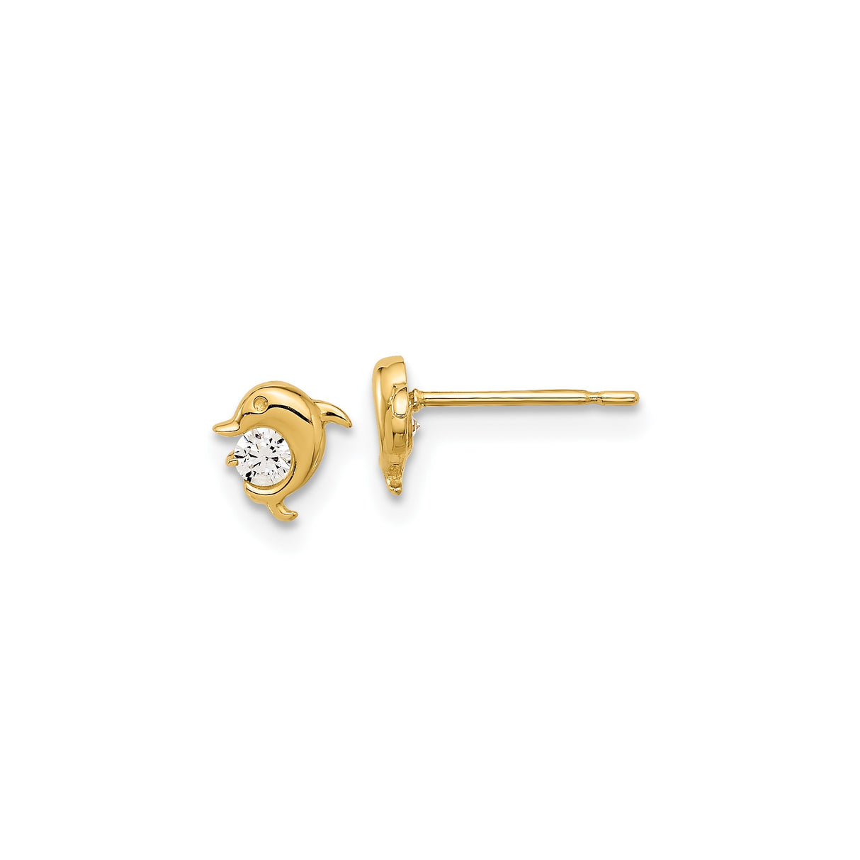 14k Yellow Gold Dolphin Stud Earrings with Cubic Zirconia Center, Ocean Animal Theme