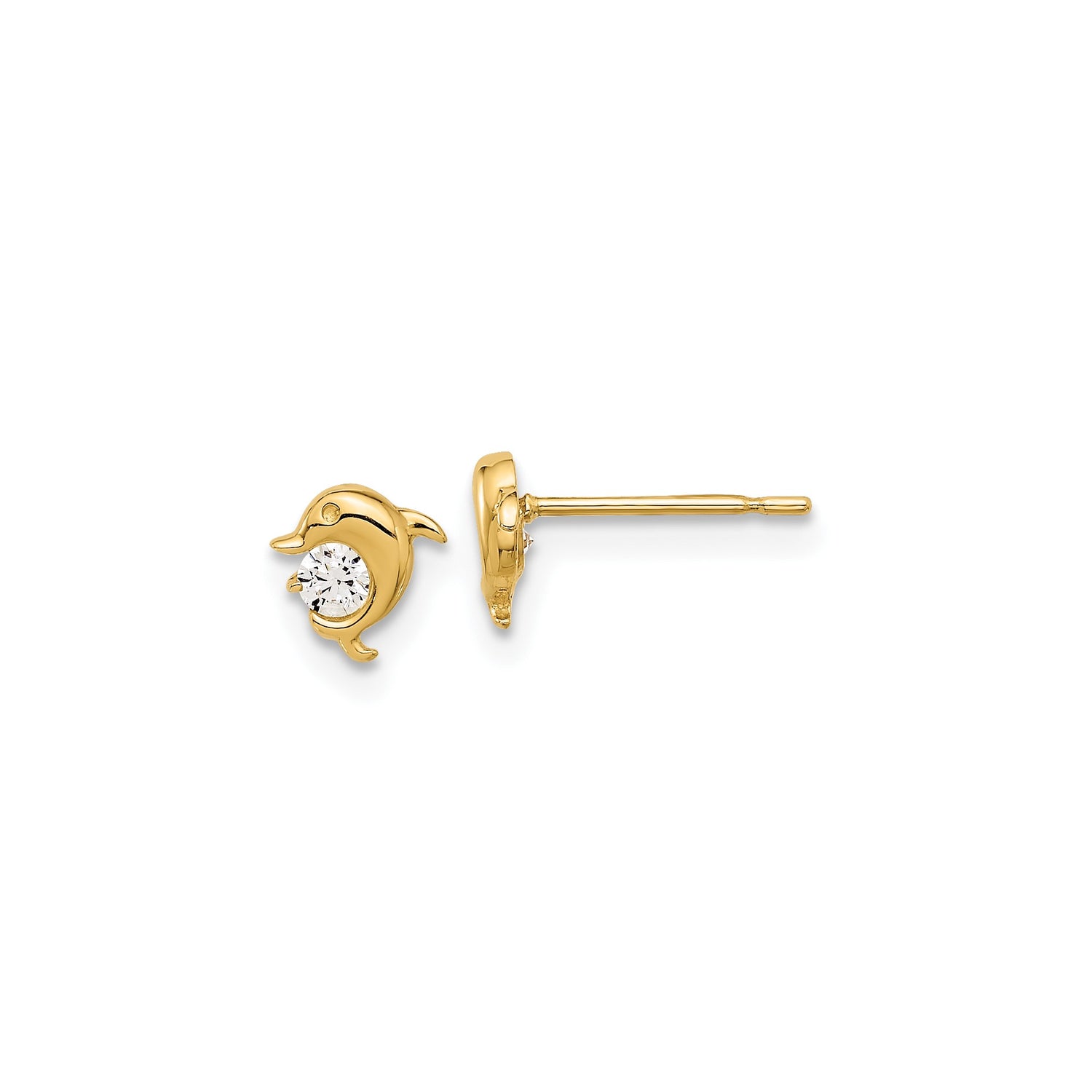 14k Yellow Gold Dolphin Stud Earrings with Cubic Zirconia Center, Ocean Animal Theme