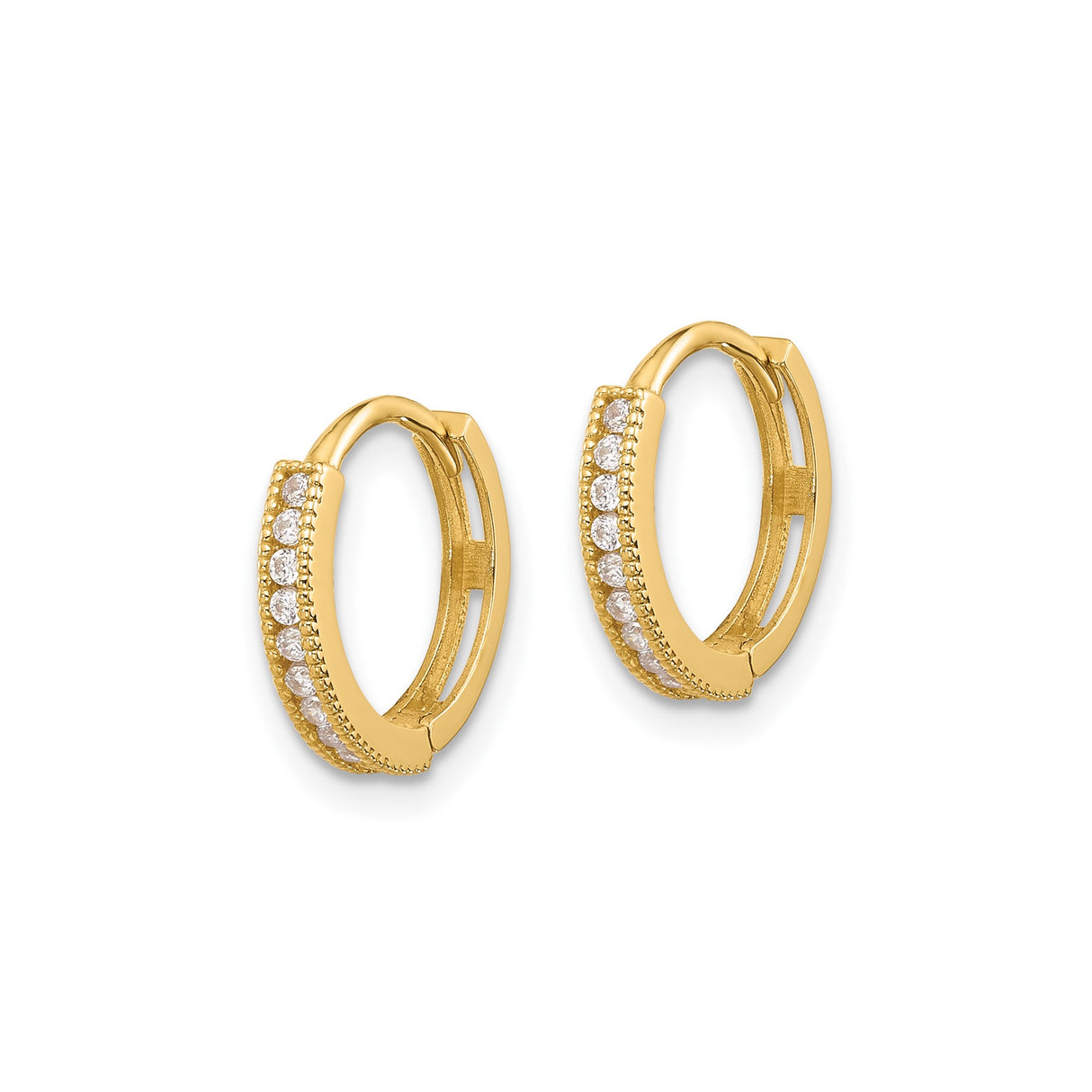 14k Yellow Gold Huggie Hoop Earrings with Cubic Zirconia, Milgrain Detail, Classic Style for Women