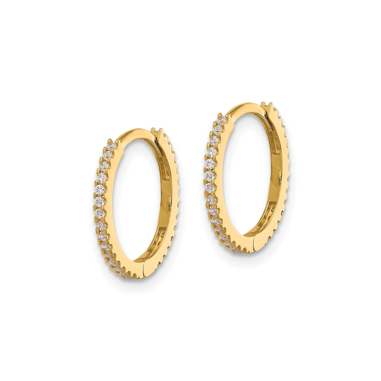 14k Yellow Gold Hoop Earrings with Cubic Zirconia, Diamond Cut, Sleek Round Design