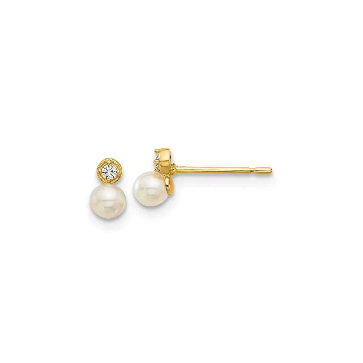 14k Yellow Gold Stud Earrings with Cubic Zirconia and White Pearl Dangle, Classic Drop Design