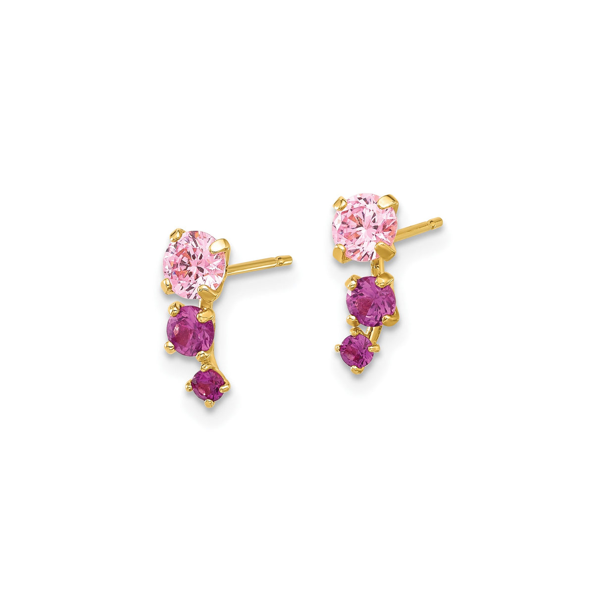 14k Yellow Gold Stud Earrings with Round Cut Cubic Zirconia, Pink and Purple Trio Stone Design