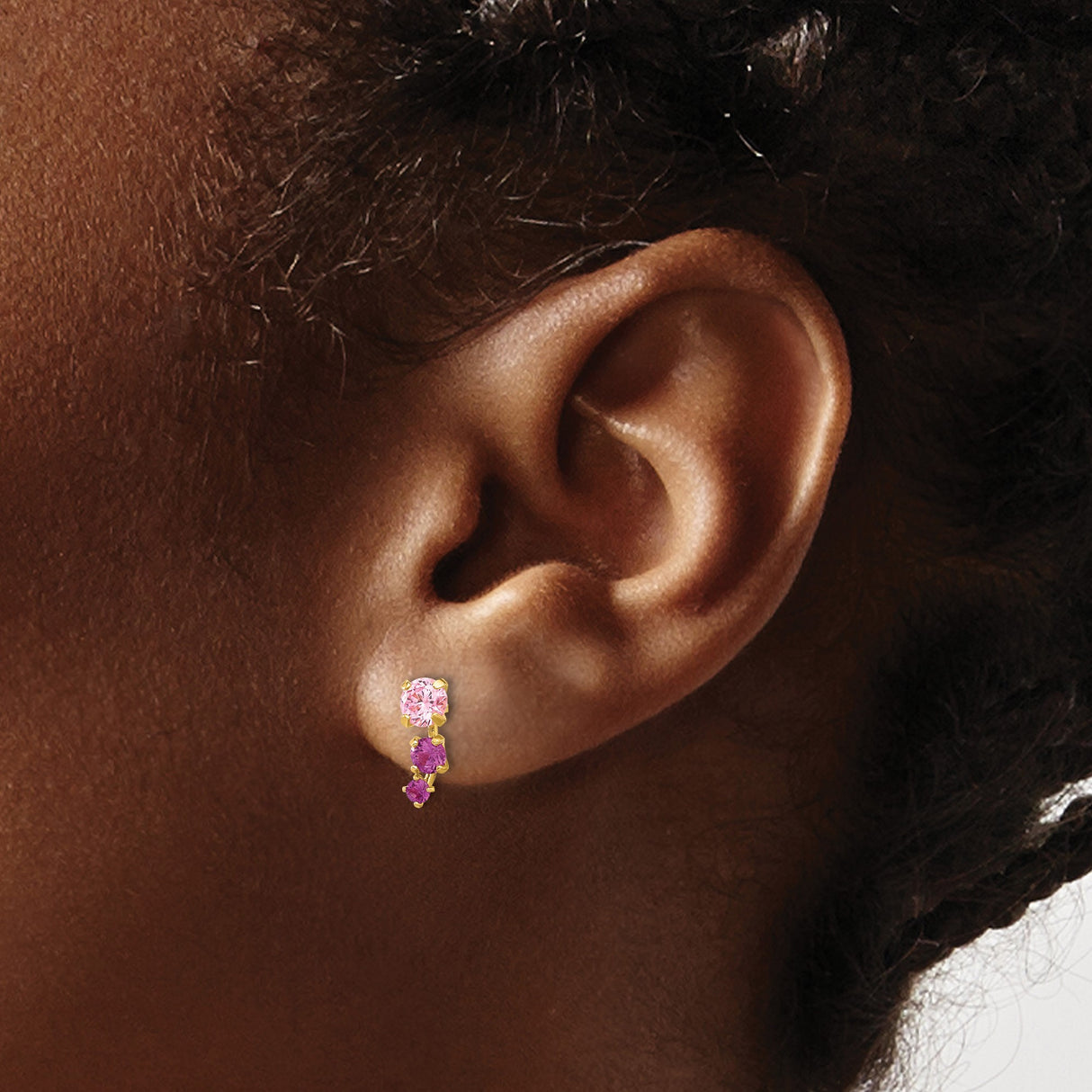 14k Yellow Gold Stud Earrings with Round Cut Cubic Zirconia, Pink and Purple Trio Stone Design