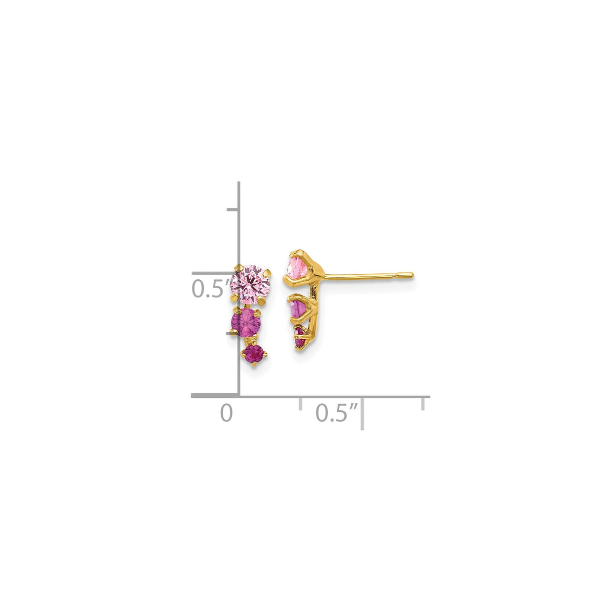 14k Yellow Gold Stud Earrings with Round Cut Cubic Zirconia, Pink and Purple Trio Stone Design