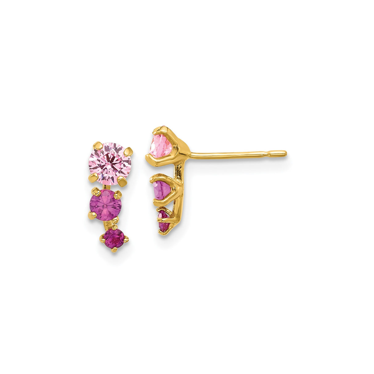 14k Yellow Gold Stud Earrings with Round Cut Cubic Zirconia, Pink and Purple Trio Stone Design