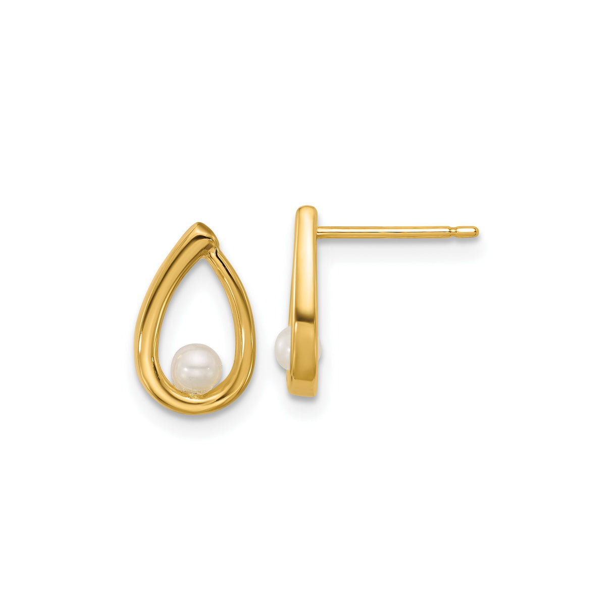 14k Yellow Gold Teardrop Stud Earrings with White Pearl, Minimalist Design for Women