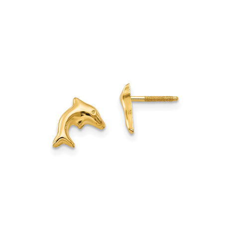 14k Yellow Gold Dolphin Stud Earrings with Screw Back, Nautical Marine Life Theme for Women or Girls