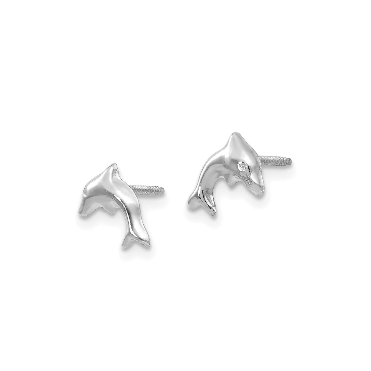 14k White Gold Dolphin Stud Earrings, Polished Marine Life Design for Women or Girls