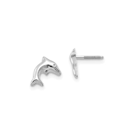 14k White Gold Dolphin Stud Earrings, Polished Marine Life Design for Women or Girls