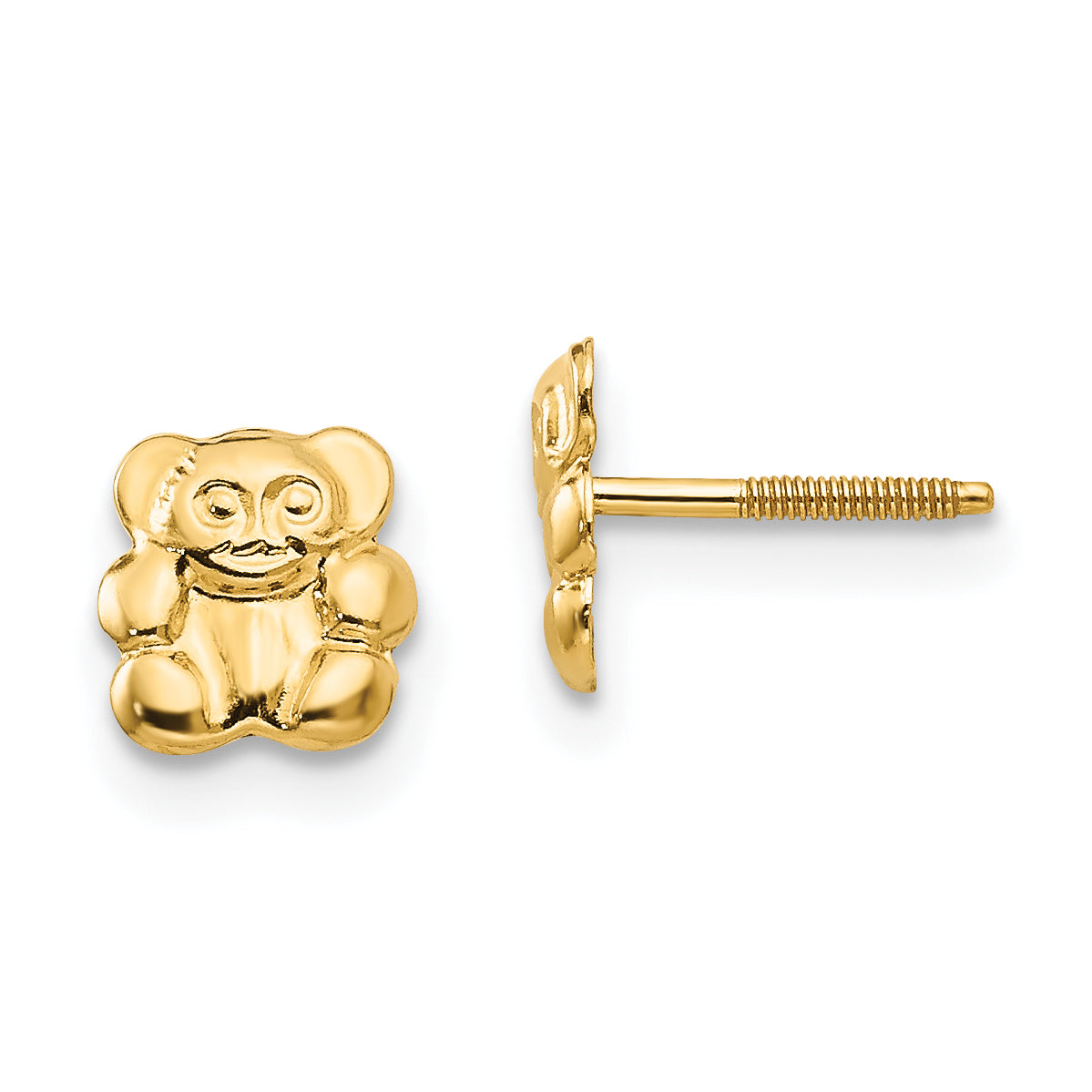 14k Yellow Gold Teddy Bear Stud Earrings with Screw-Backs for Toddlers and Babies