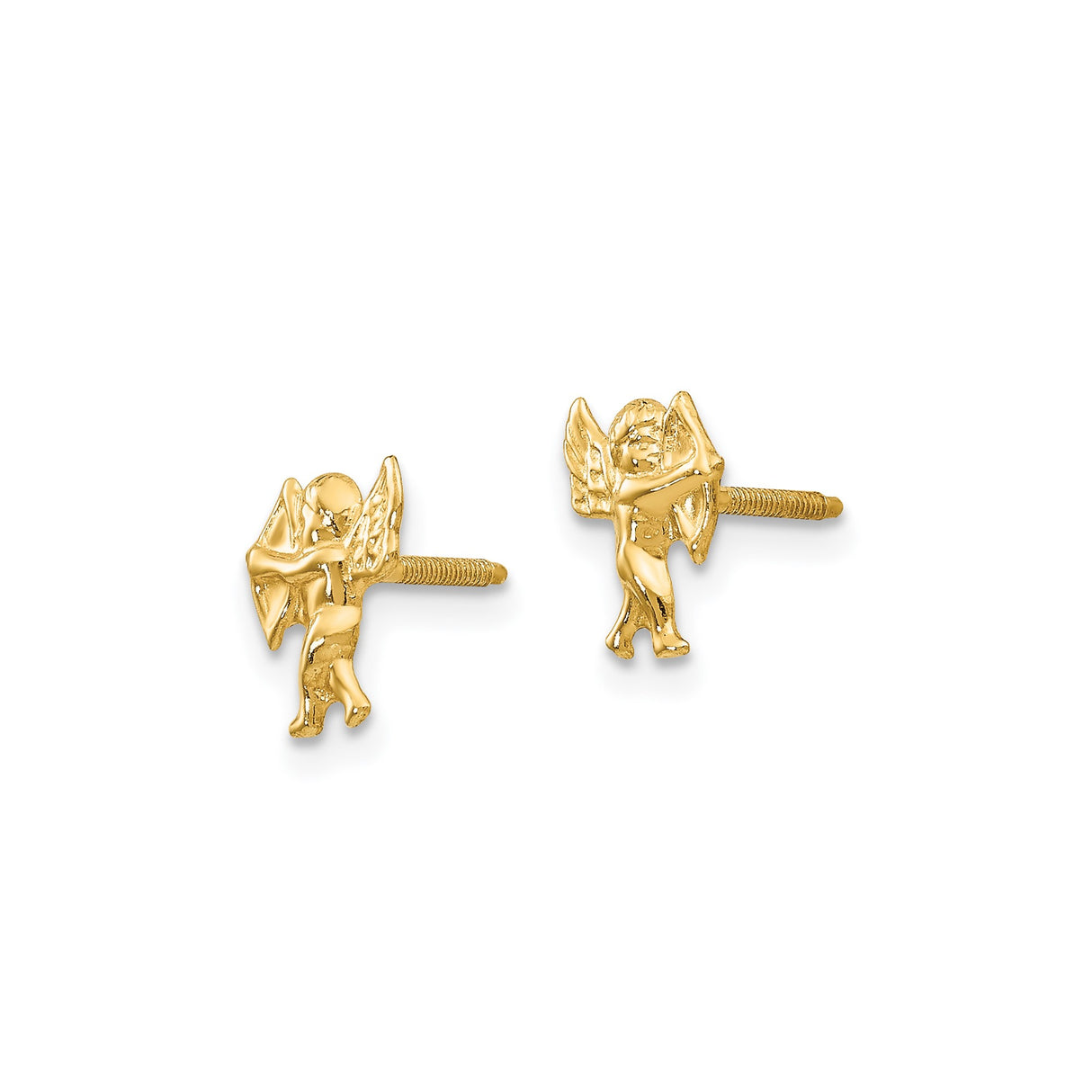14k Yellow Gold Cupid Stud Earrings with Bow Design, Romantic Angel Theme Jewelry