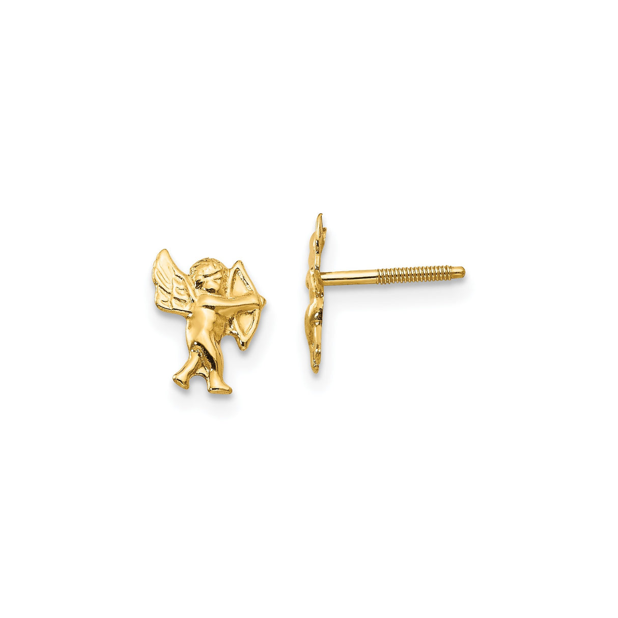 14k Yellow Gold Cupid Stud Earrings with Bow Design, Romantic Angel Theme Jewelry