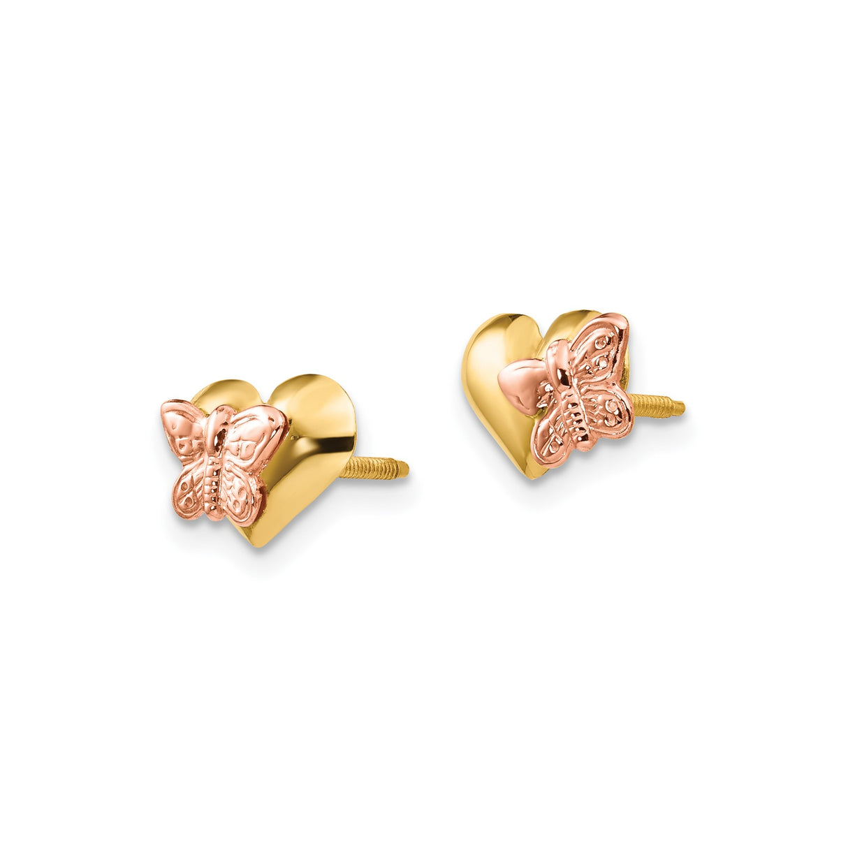14k Yellow Gold Stud Earrings, Heart and Butterfly Design with Rose Gold and Rhodium Accents, Screwback for Girls