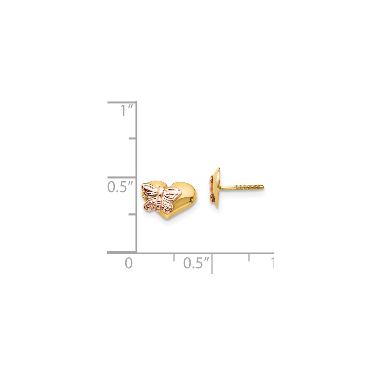 14k Yellow Gold Stud Earrings, Heart and Butterfly Design with Rose Gold and Rhodium Accents, Screwback for Girls