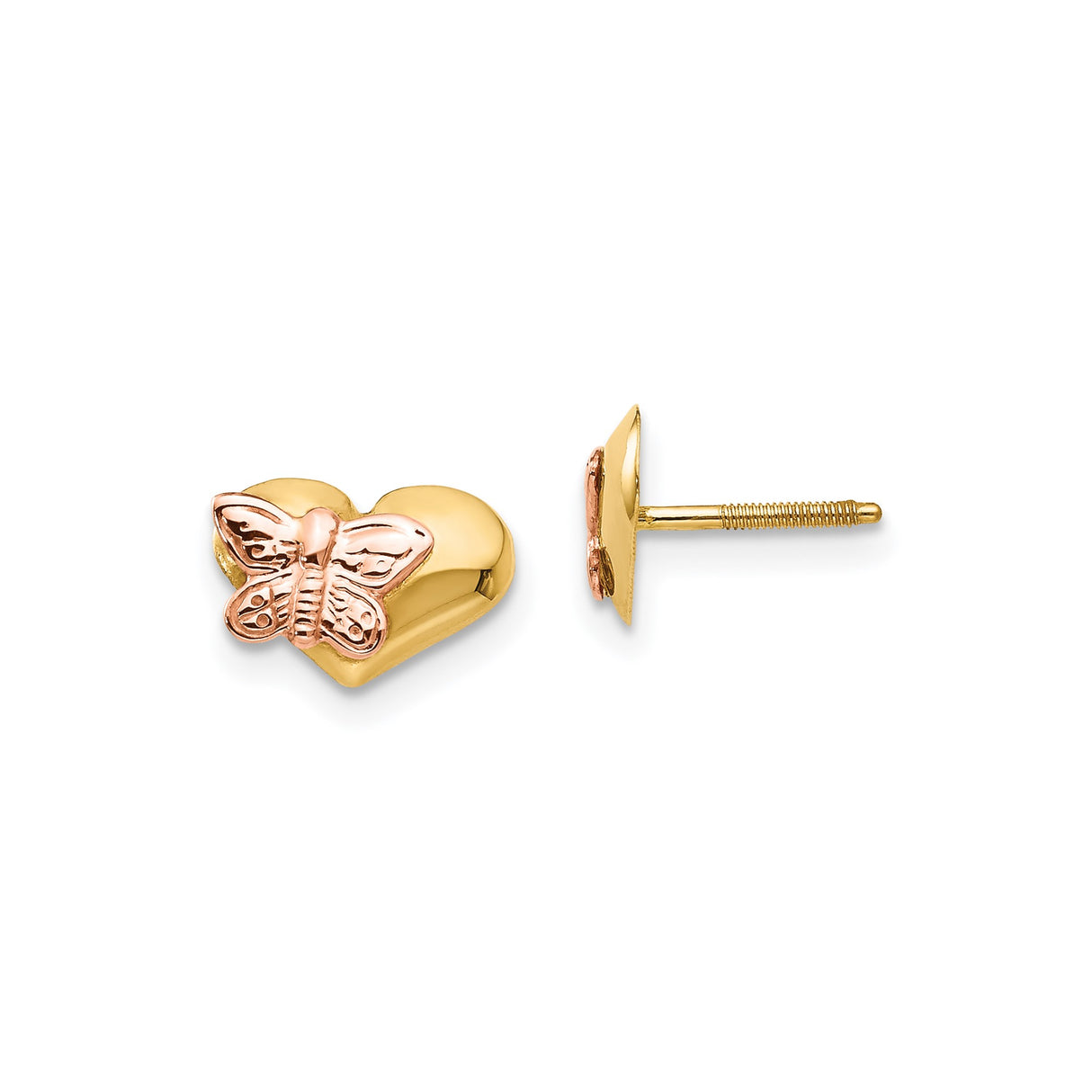 14k Yellow Gold Stud Earrings, Heart and Butterfly Design with Rose Gold and Rhodium Accents, Screwback for Girls