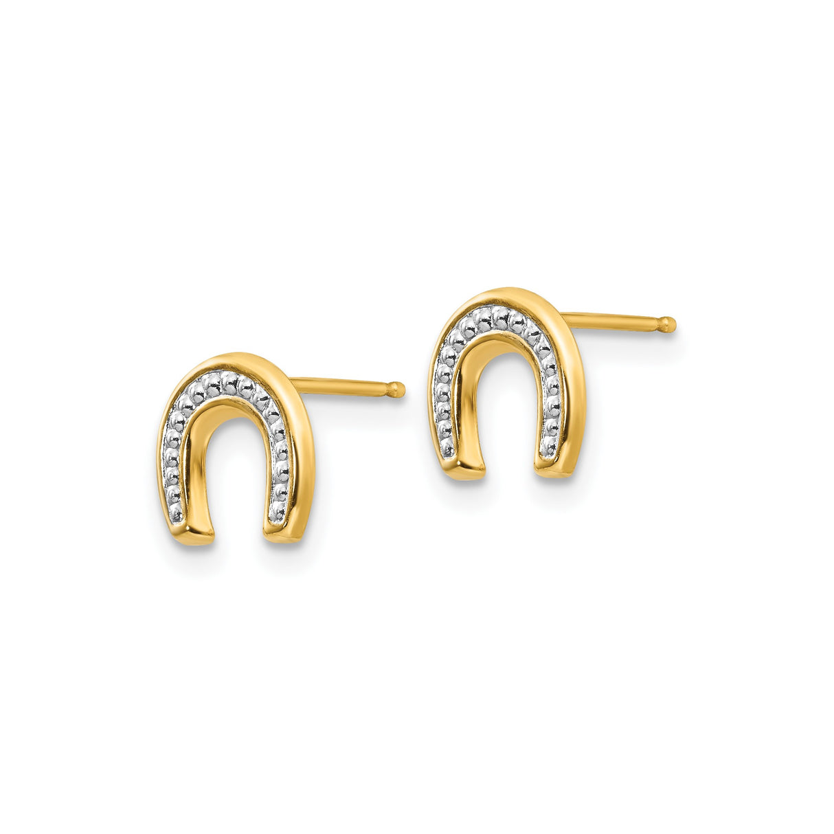14k Yellow Gold Horseshoe Stud Earrings, Two Tone Equestrian Style with Bead Accents