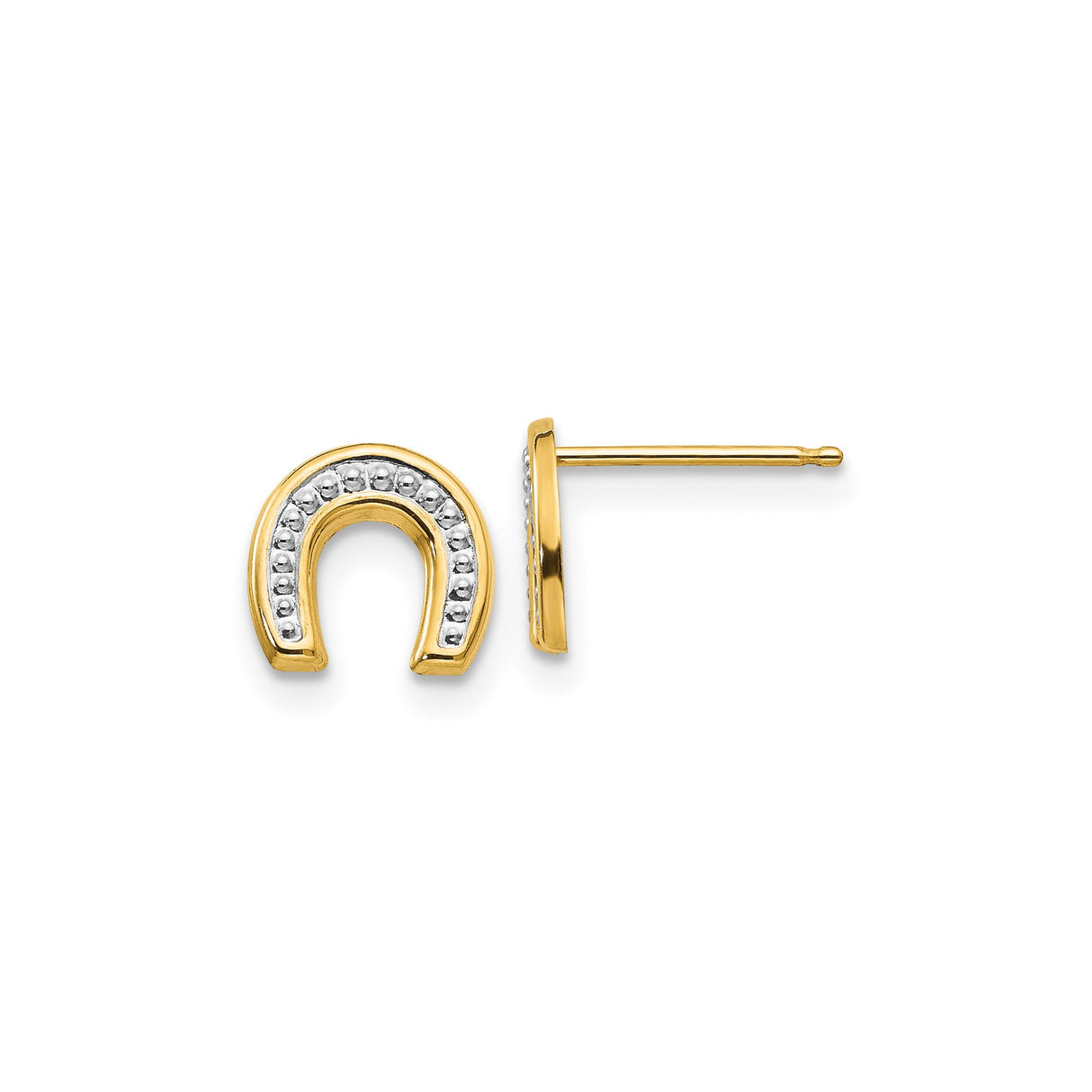 14k Yellow Gold Horseshoe Stud Earrings, Two Tone Equestrian Style with Bead Accents