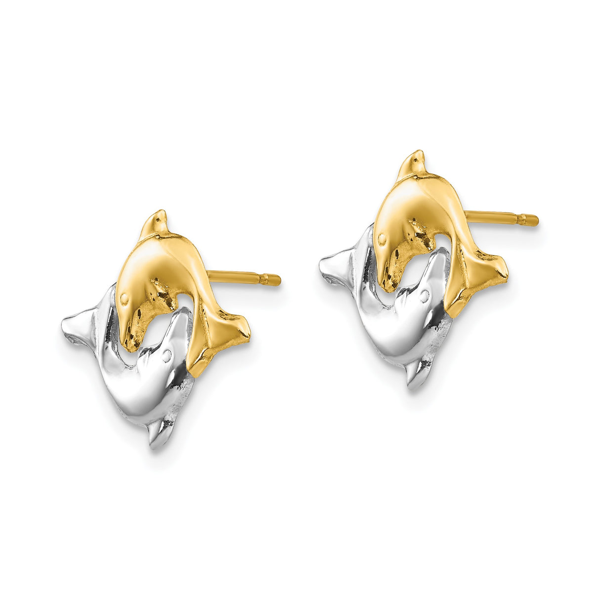 14k Yellow Gold Dolphin Stud Earrings with Intertwined Two-Tone Rhodium Design for Women