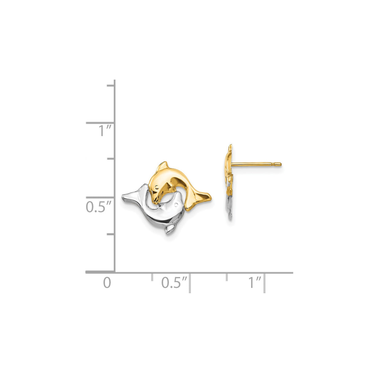 14k Yellow Gold Dolphin Stud Earrings with Intertwined Two-Tone Rhodium Design for Women