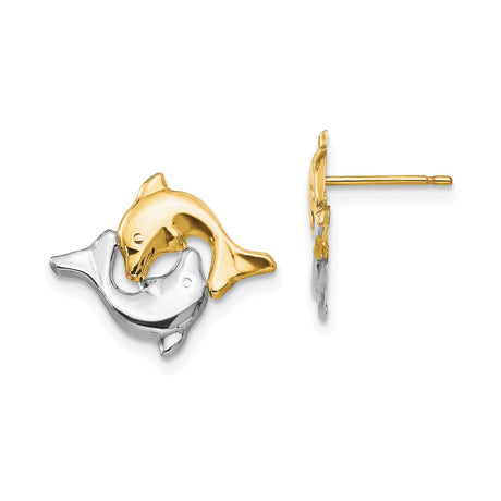 14k Yellow Gold Dolphin Stud Earrings with Intertwined Two-Tone Rhodium Design for Women