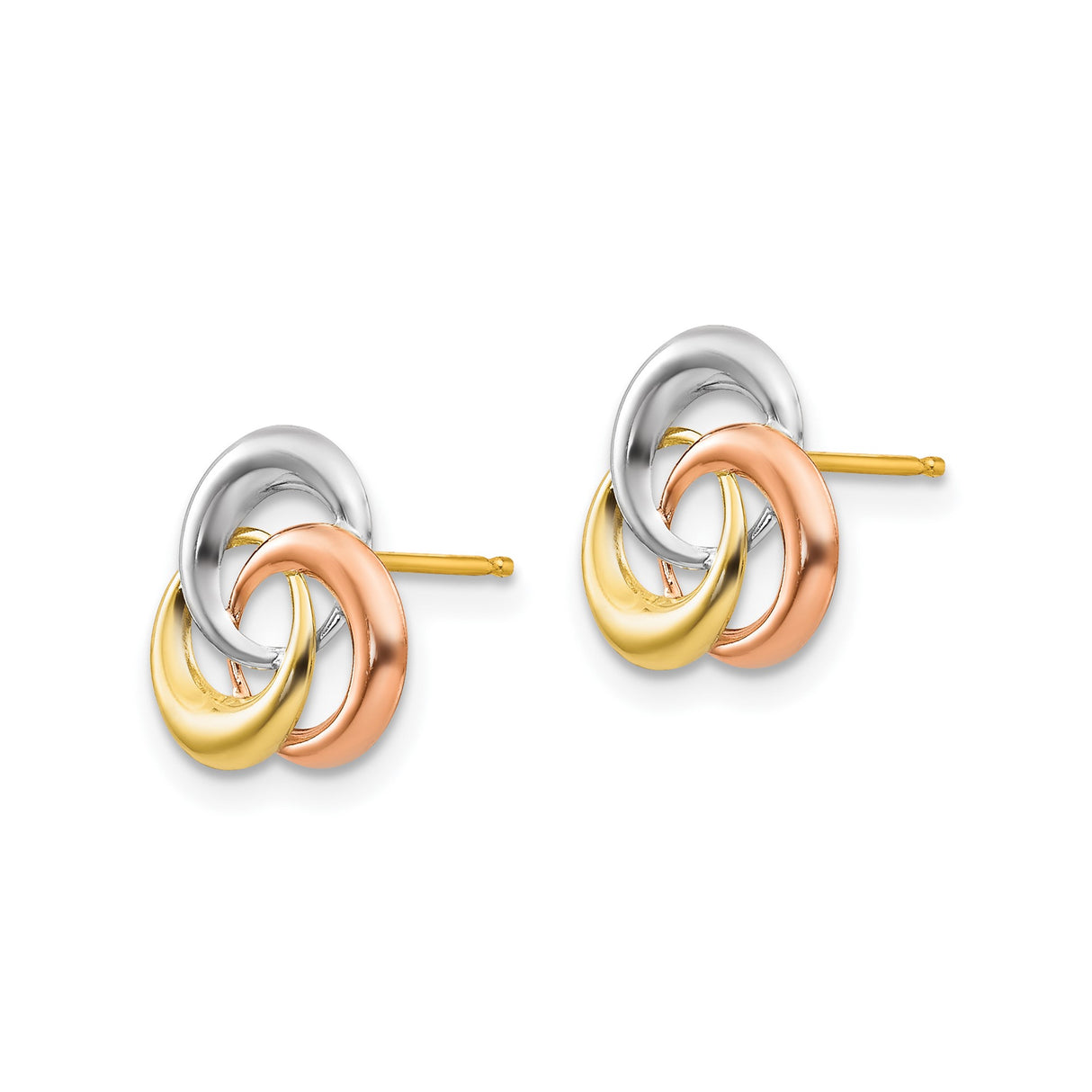 14k Tri Color Gold Love Knot Stud Earrings with Interlocking Circles for Women
