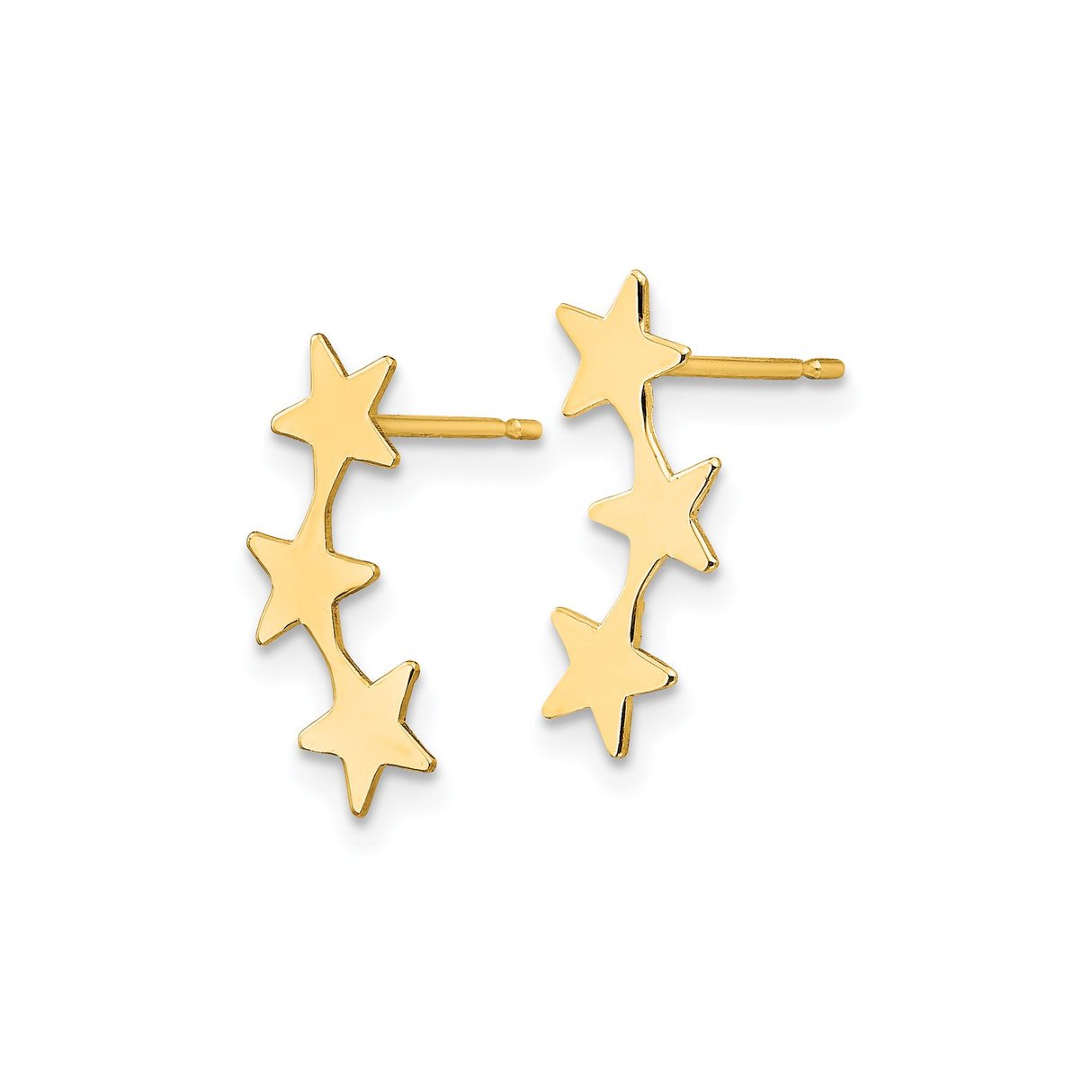 14k Yellow Gold Star Climber Earrings with Trio Polished Star Design, Celestial Minimalist Style