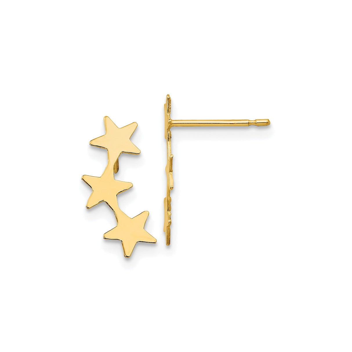 14k Yellow Gold Star Climber Earrings with Trio Polished Star Design, Celestial Minimalist Style