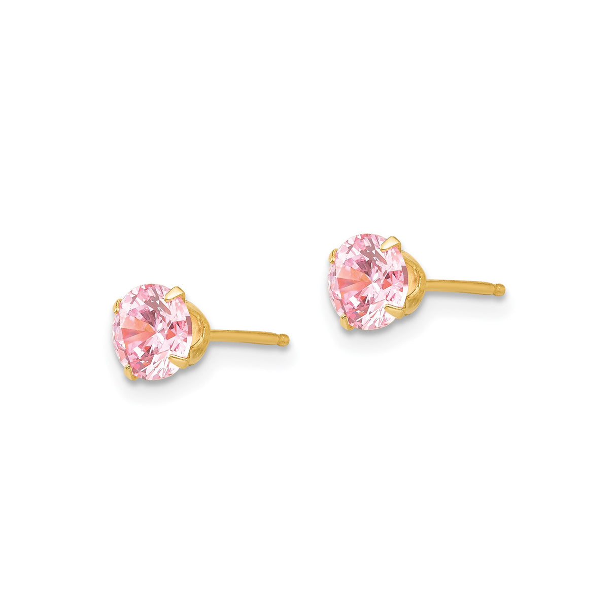 14k Yellow Gold Stud Earrings with Round Cut Pink Cubic Zirconia in Four Prong Setting