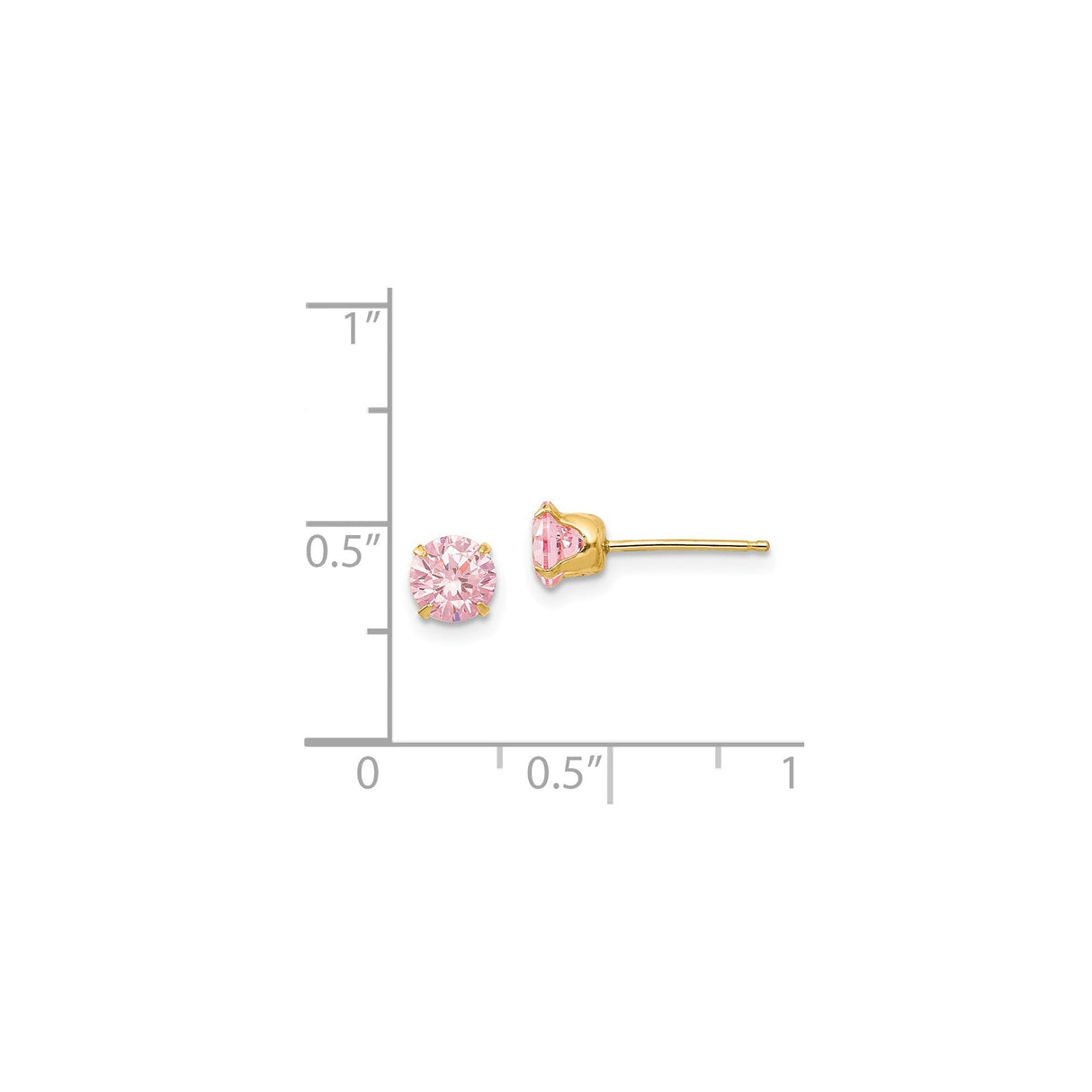 14k Yellow Gold Stud Earrings with Round Cut Pink Cubic Zirconia in Four Prong Setting