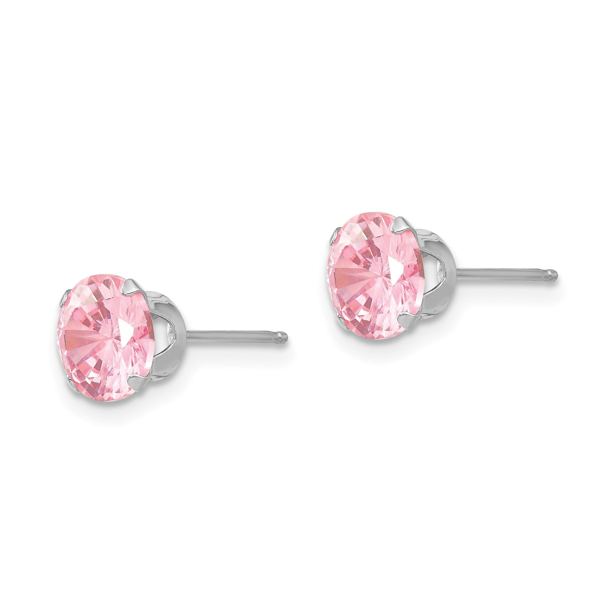 14k White Gold Stud Earrings with Round Cut Pink Cubic Zirconia in Four Prong Setting