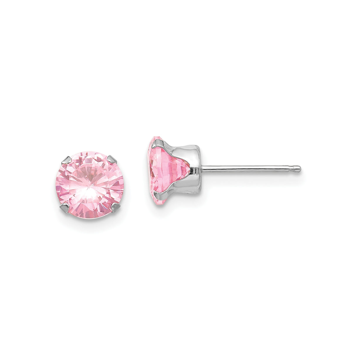 14k White Gold Stud Earrings with Round Cut Pink Cubic Zirconia in Four Prong Setting