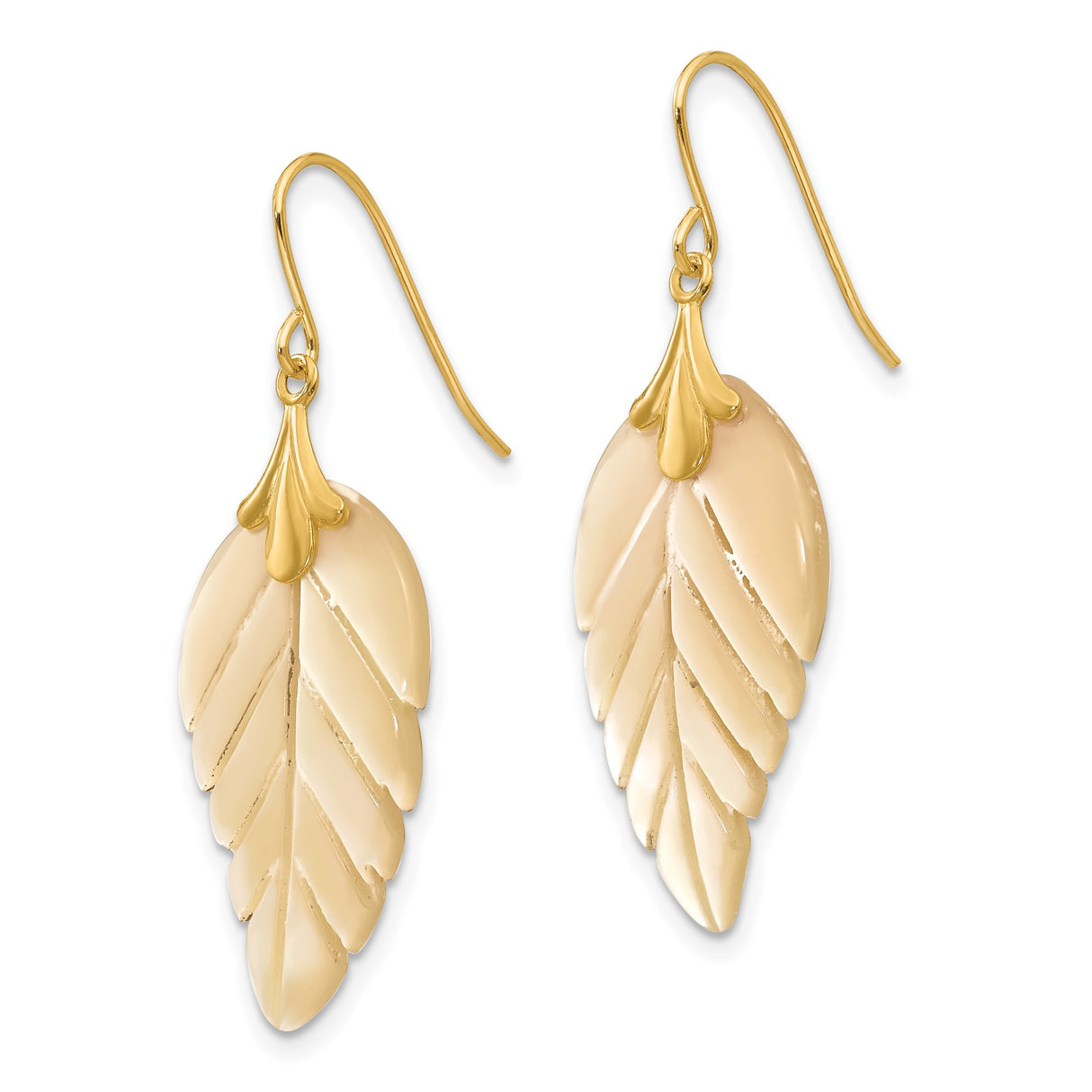14k Yellow Gold Dangle Earrings with Carved Mother of Pearl Leaf Design, Boho Nature Style Jewelry