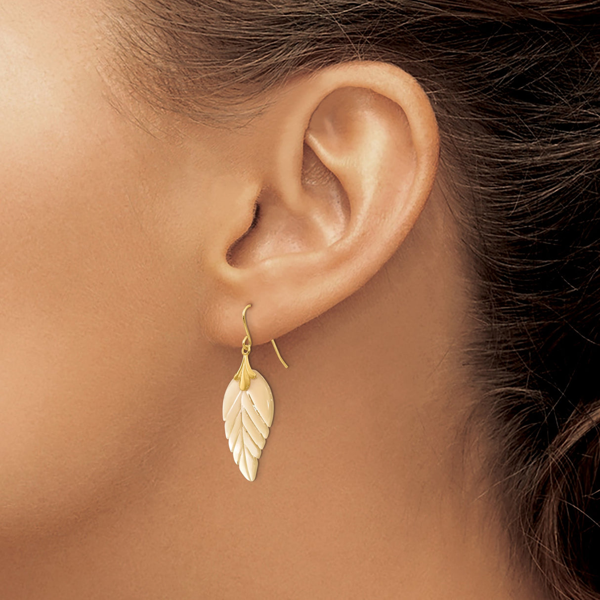 14k Yellow Gold Dangle Earrings with Carved Mother of Pearl Leaf Design, Boho Nature Style Jewelry