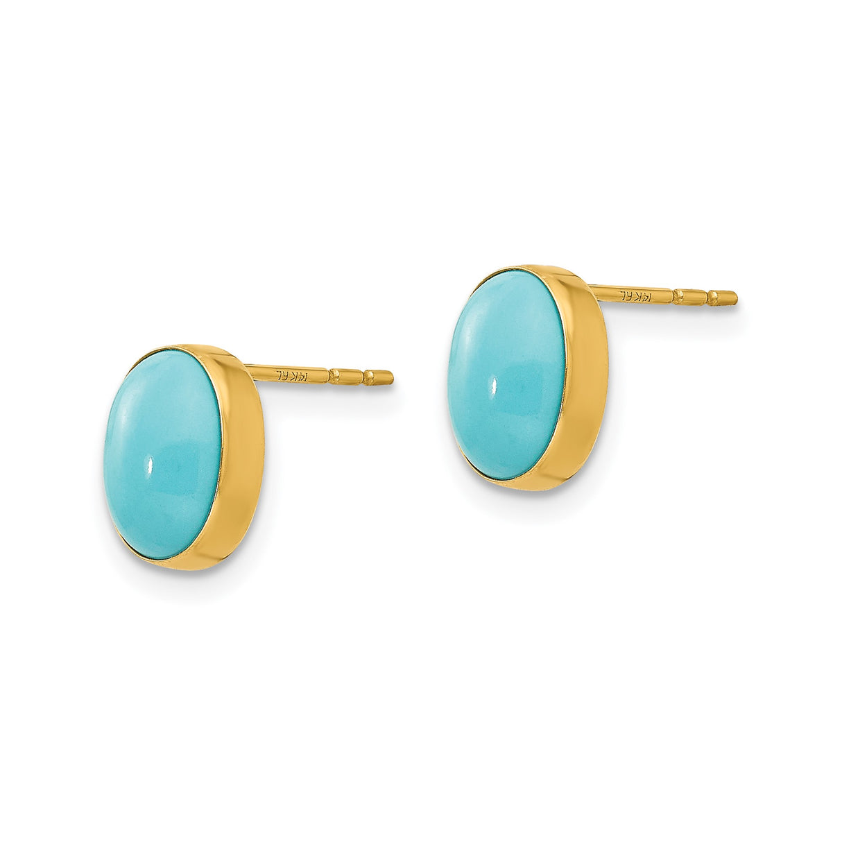 14k Yellow Gold Stud Earrings with Oval Turquoise Cabochon, Bezel Setting, Minimalist Design