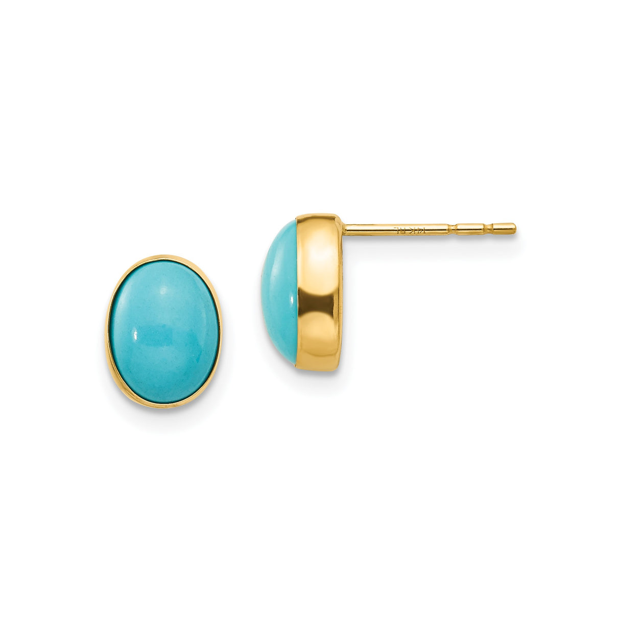 14k Yellow Gold Stud Earrings with Oval Turquoise Cabochon, Bezel Setting, Minimalist Design