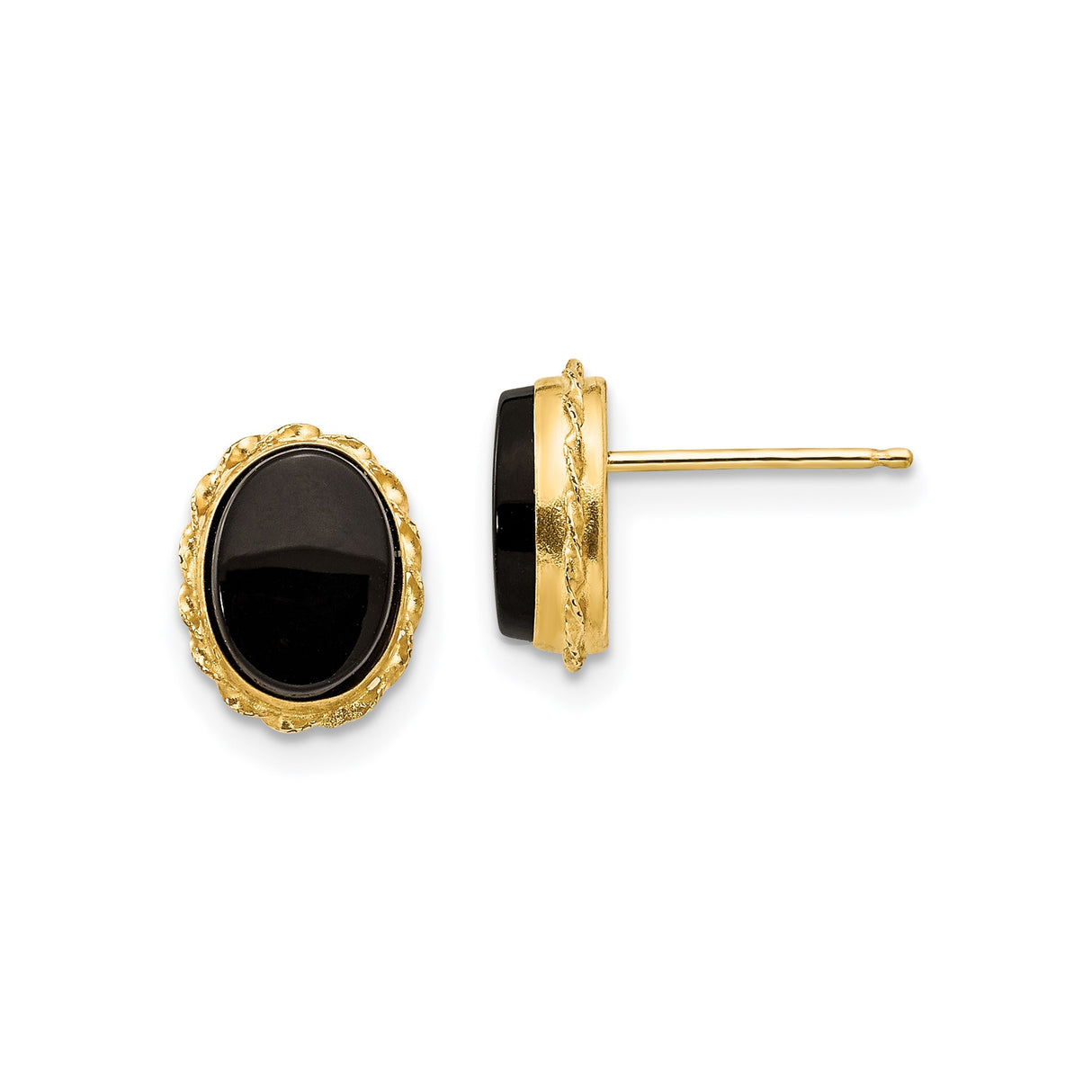 14k Yellow Gold Oval Stud Earrings with Black Onyx in Vintage Textured Setting
