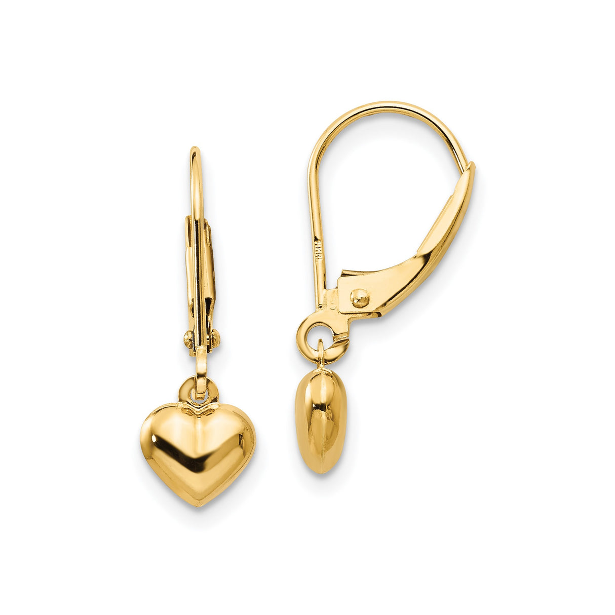 14k Yellow Gold Heart Dangle Earrings with Leverback Closure for Women