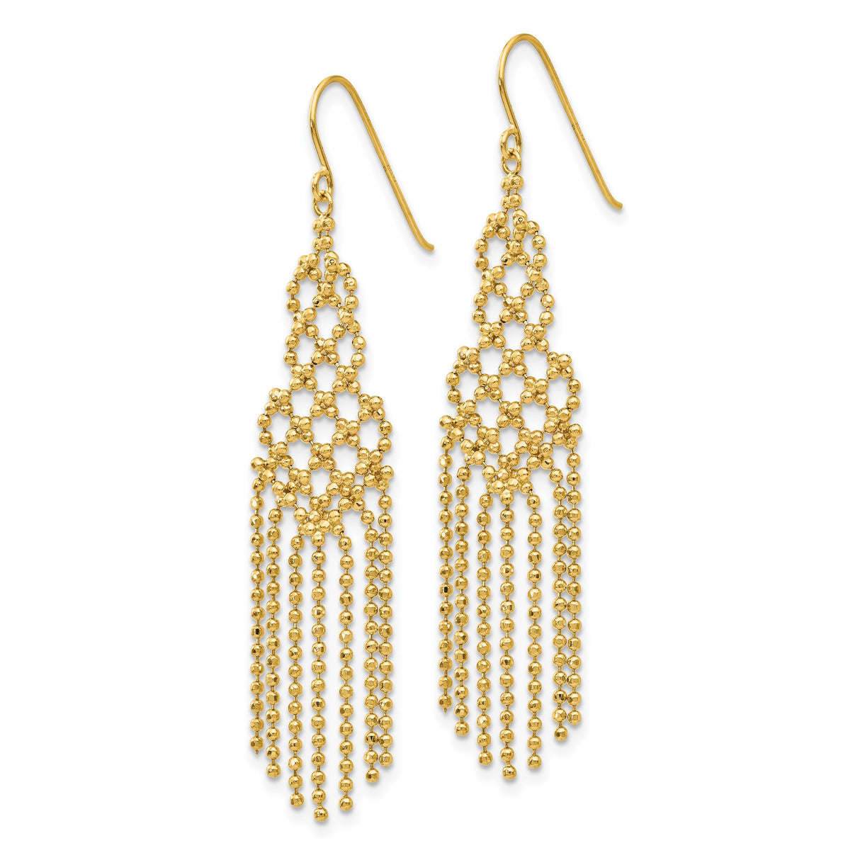 14k Yellow Gold Chandelier Earrings with Beaded Chain Drops and Lattice Design