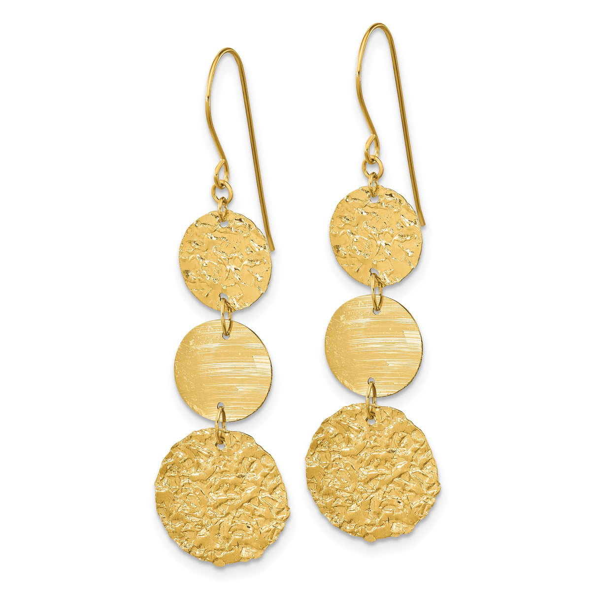 14k Yellow Gold Dangle Earrings with Three Textured Polished Disc Drops, Modern Hammered Design