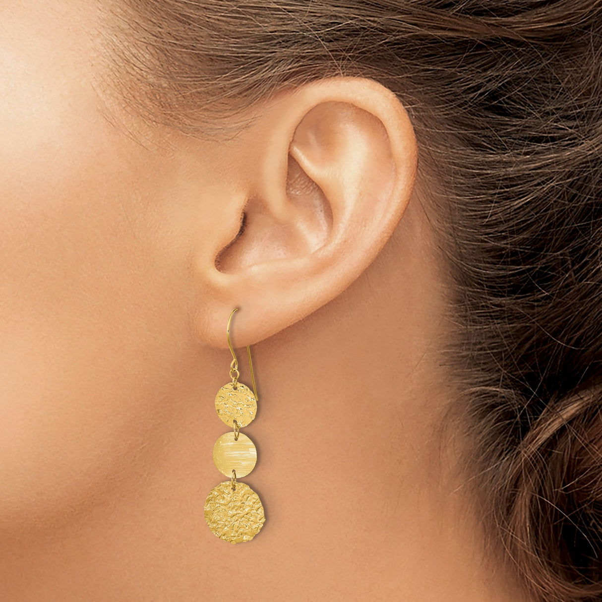14k Yellow Gold Dangle Earrings with Three Textured Polished Disc Drops, Modern Hammered Design